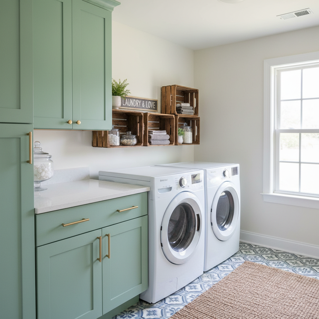 Affordable laundry room makeover with painted cabinets and DIY shelving.