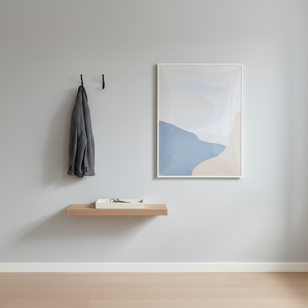 Minimalist small entryway with clean design. Essential items: single coat hook with jacket, key tray, simple art. Calm, uncluttered space.