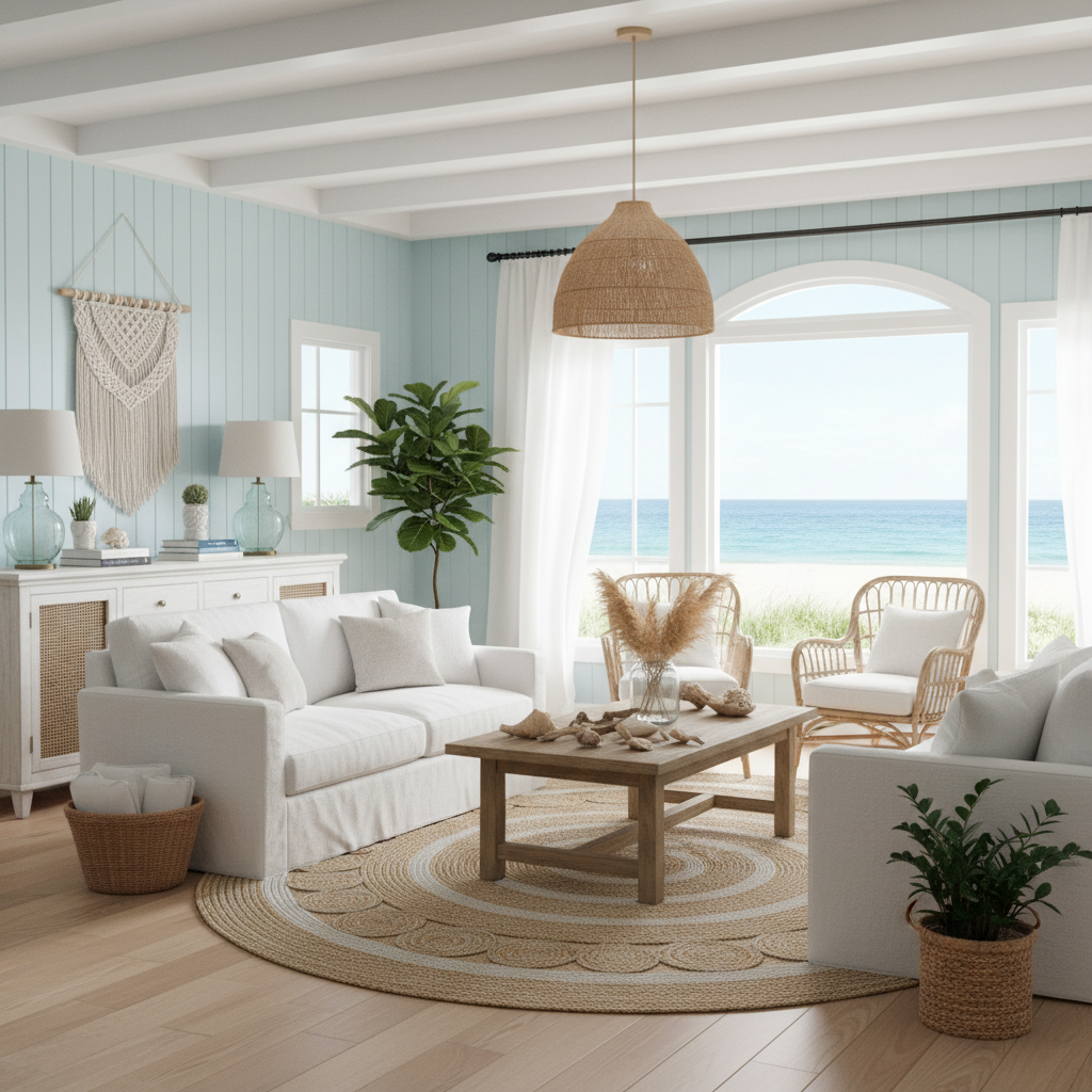 A bright and airy coastal-style living room with light blue walls.
