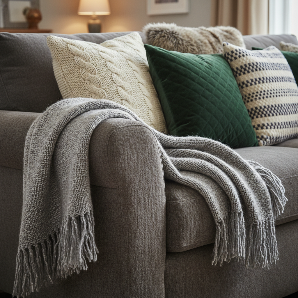 A close-up shot of a comfy sofa with textured pillows and blanket for an inviting, effortless living room.
