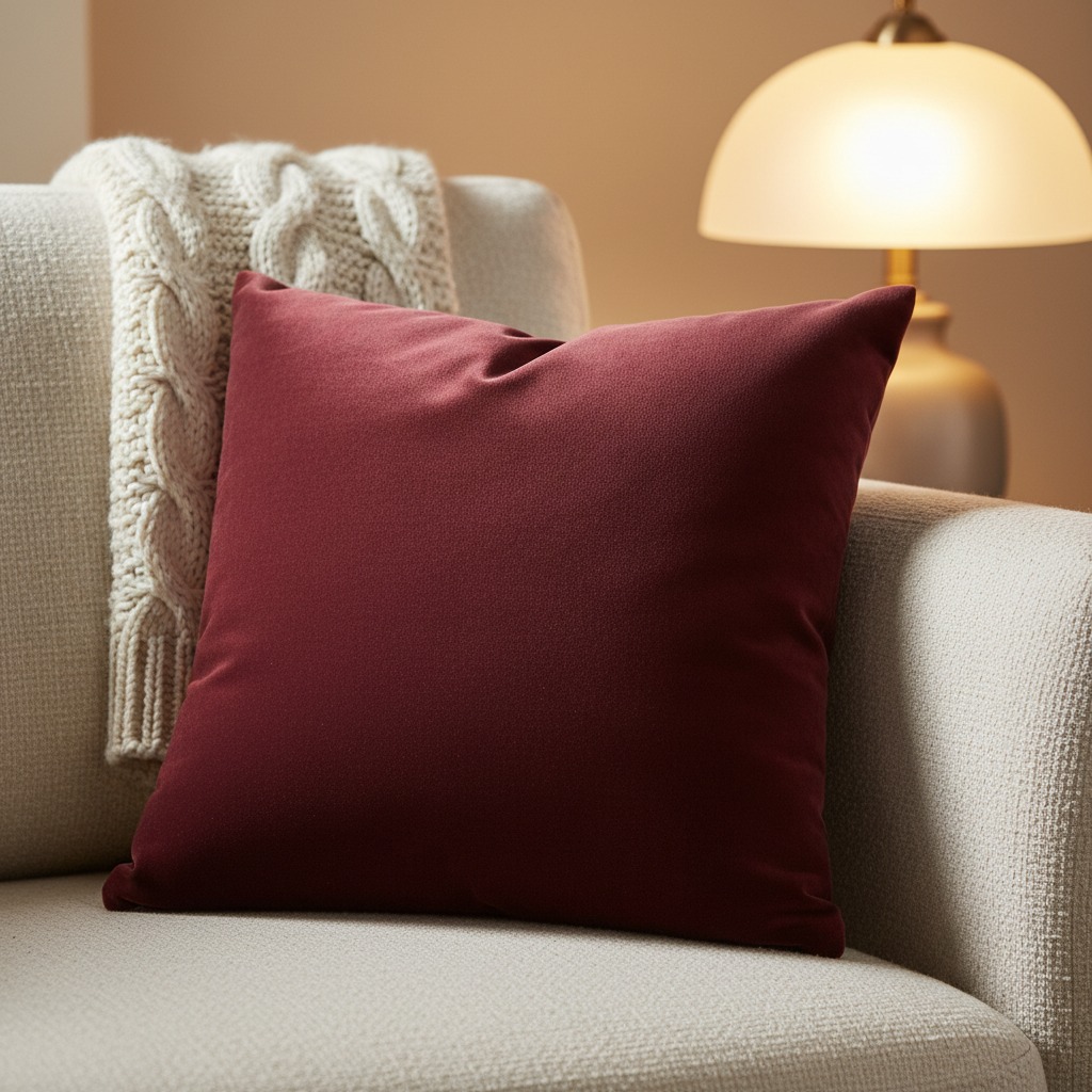 A close-up of a deep burgundy velvet throw pillow on a cream sofa.