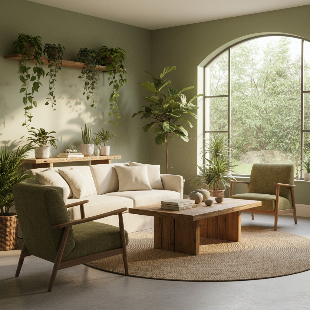 A living room with green walls, plants, and natural wood furniture.