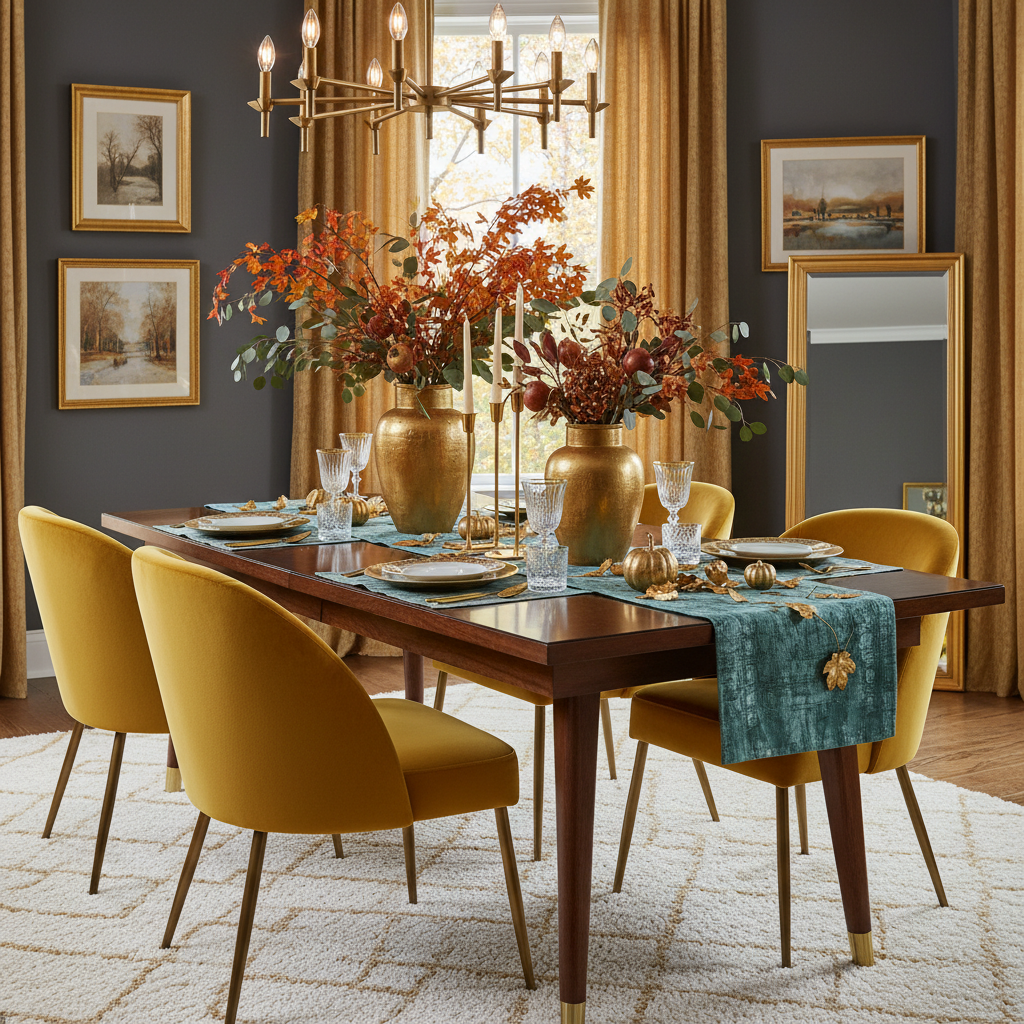 Elegant fall dining room featuring mustard yellow velvet chairs, a teal runner, and gold accents, creating a sophisticated ambiance.