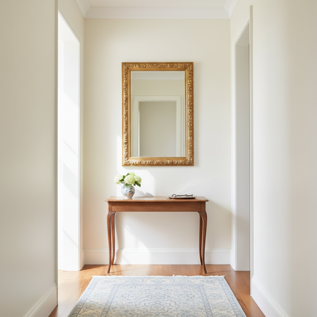 Large framed mirror reflecting light in a narrow entryway, visually expanding the space.