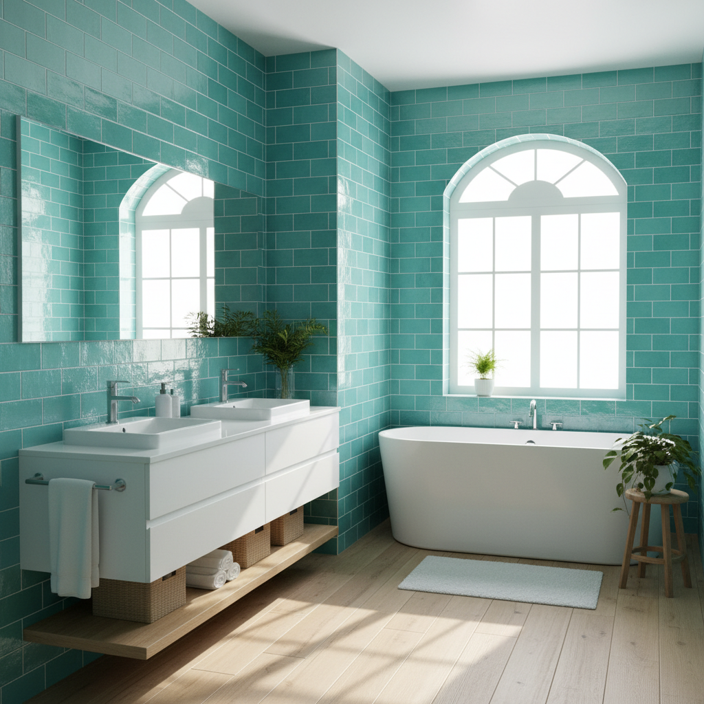 A bright bathroom with turquoise tiles, white fixtures, and wood accents.