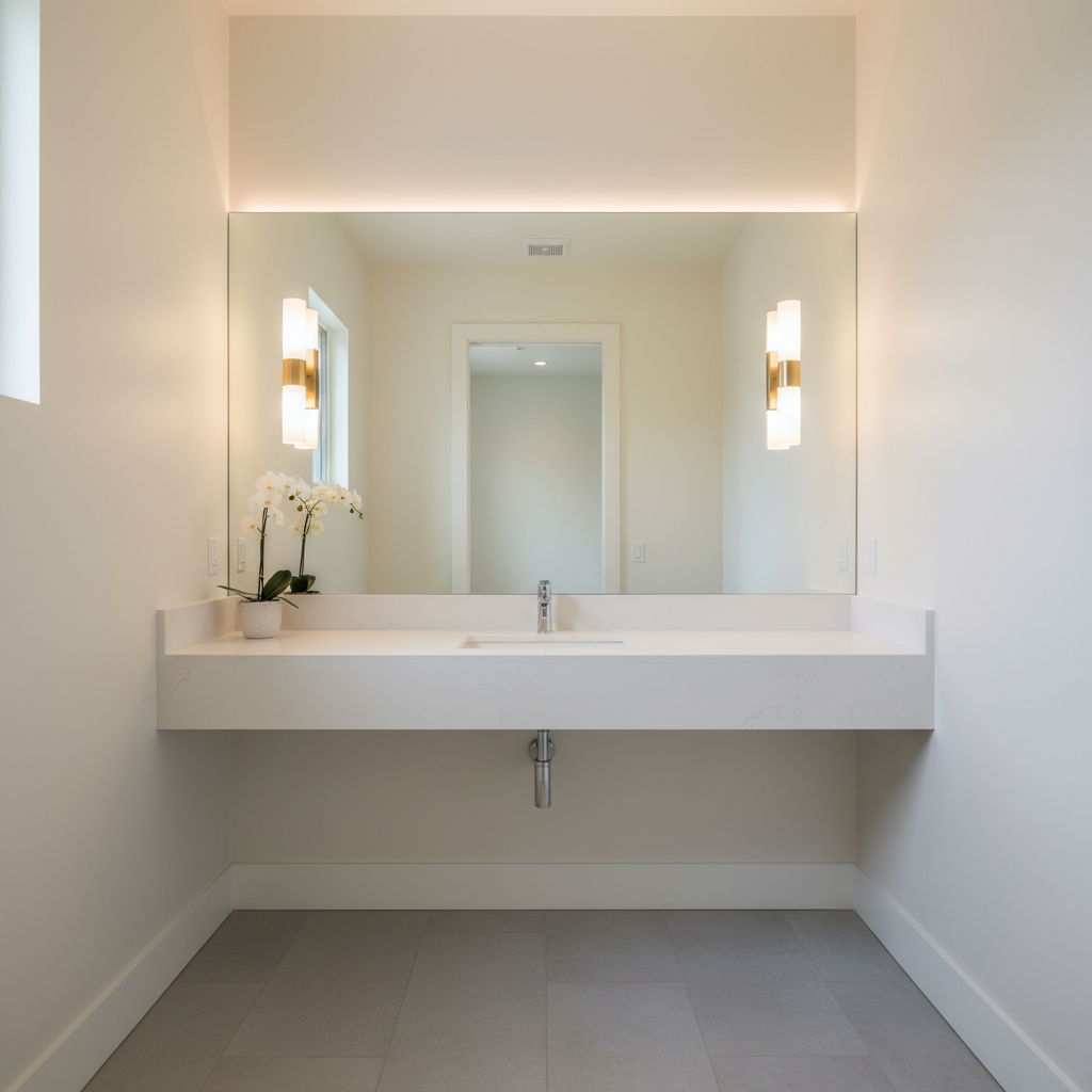 Light colors, large mirror, and lighting enhances sense of space.