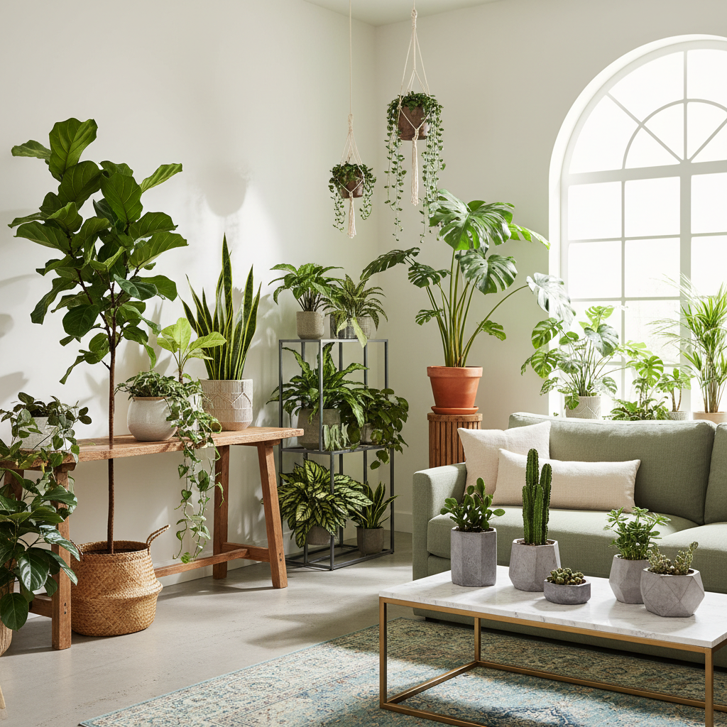 Cozy living room interior brimming with a variety of green plants in different pots, enhancing the space with natural freshness and vitality.