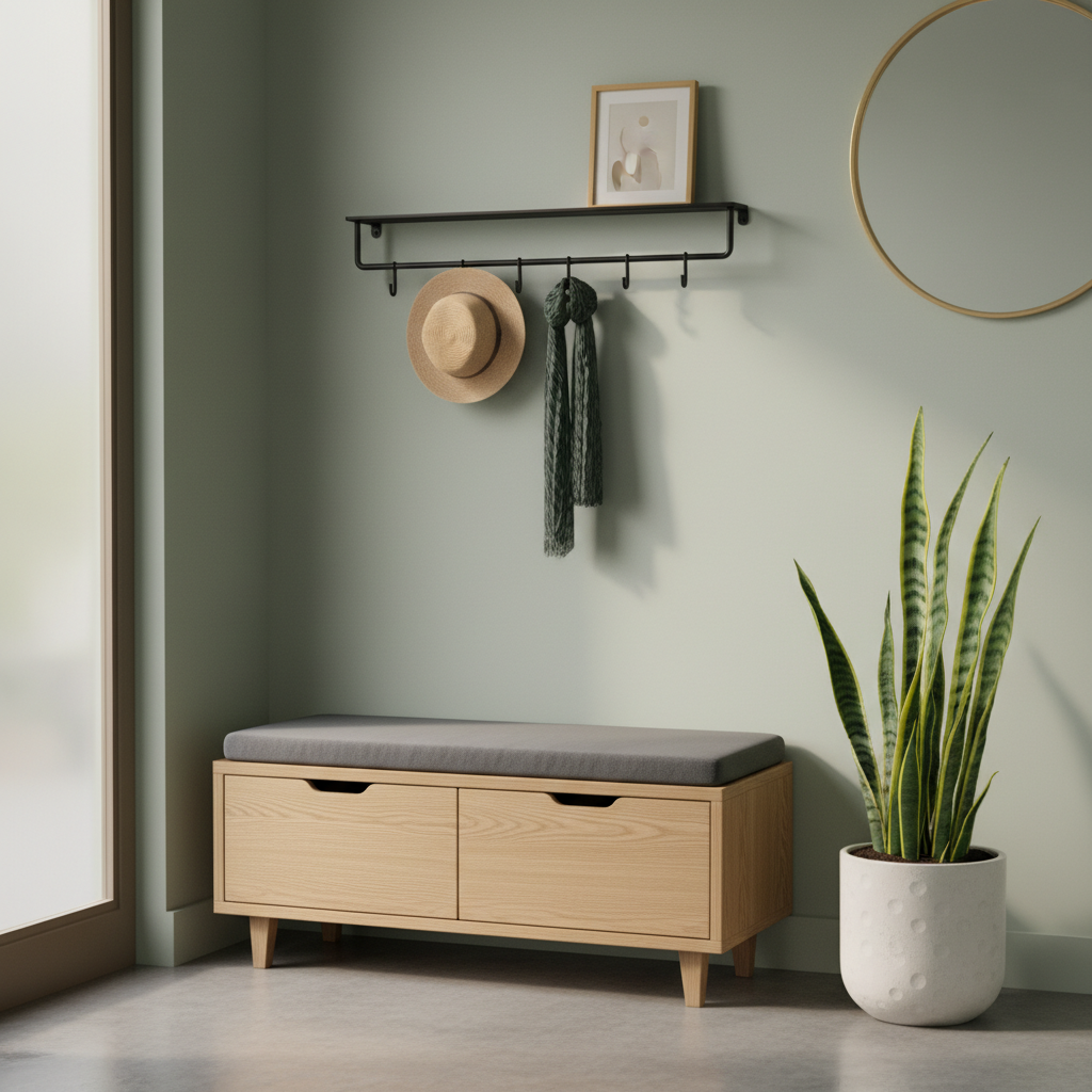 Compact bench with hidden storage in a small, organized entryway.