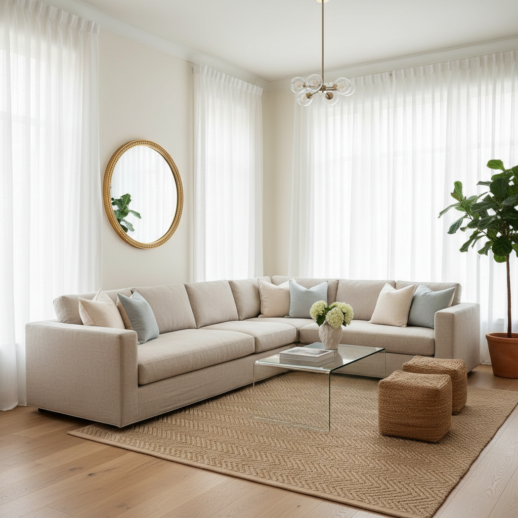 A bright, airy living room with large windows and sheer curtains, maximizing natural light.