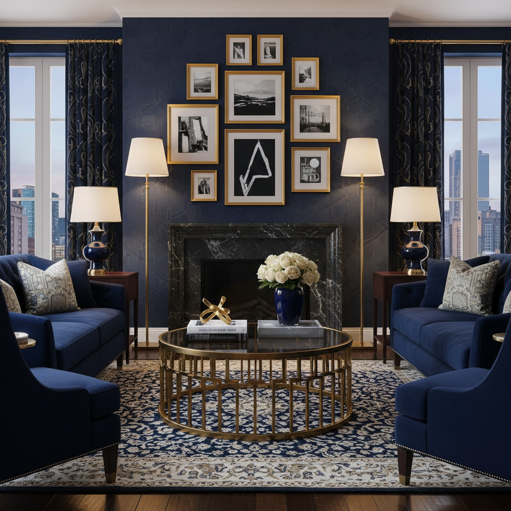 A sophisticated navy blue living room with elegant gold accents.