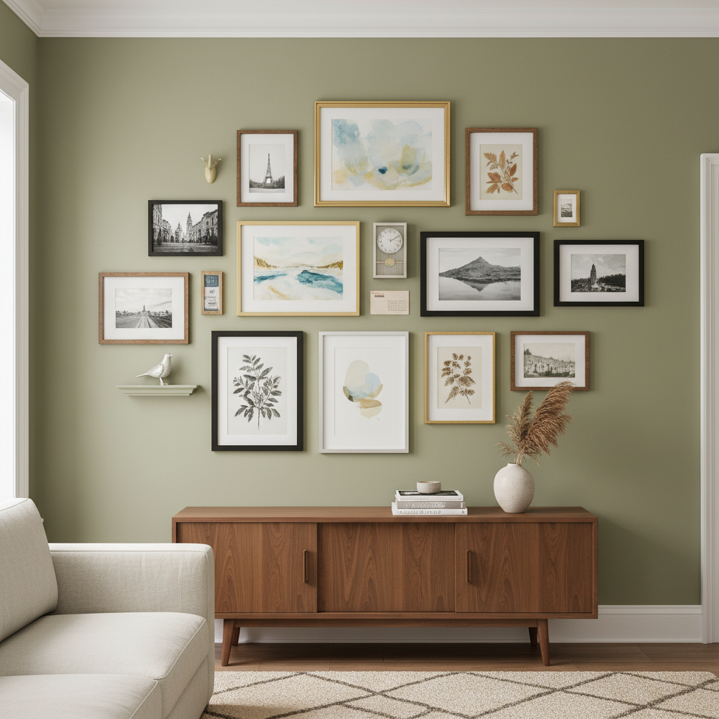A personalized gallery wall featuring family photos, art, and mementos as the living room focal point.