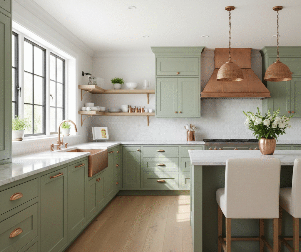 A bright kitchen showcases unexpected color pairings for a fresh, modern look