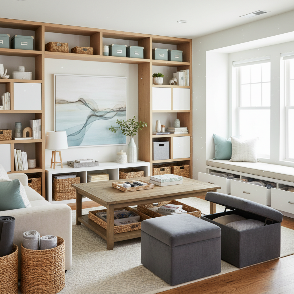 A living room with baskets, shelving units, and ottomans as clutter-reducing strategic storage solutions.