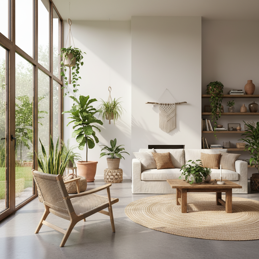 Naturally lit living room with abundant plants, warm wooden furniture, and organic textures creating a serene, inviting space.