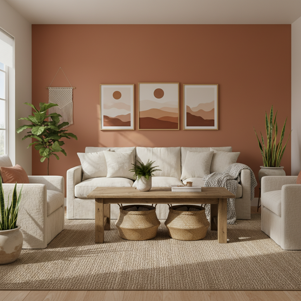 A living room featuring a terracotta-colored accent wall.