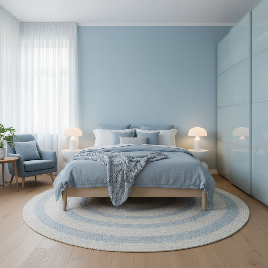 A peaceful bedroom with calming blue walls and soft lighting.
