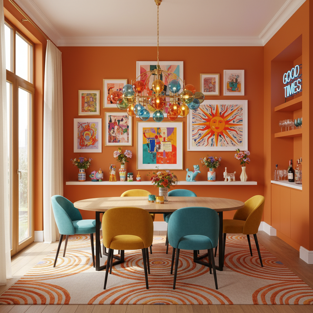 Vibrant orange dining room featuring a modern table, colorful artwork, and playful decor. An energetic, inviting space with natural light.