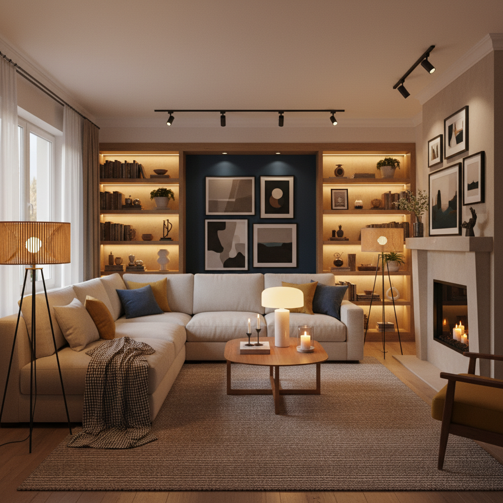 Warm, inviting living room design with layered ambient, task, and accent lighting, creating a perfectly cozy and well-lit space.