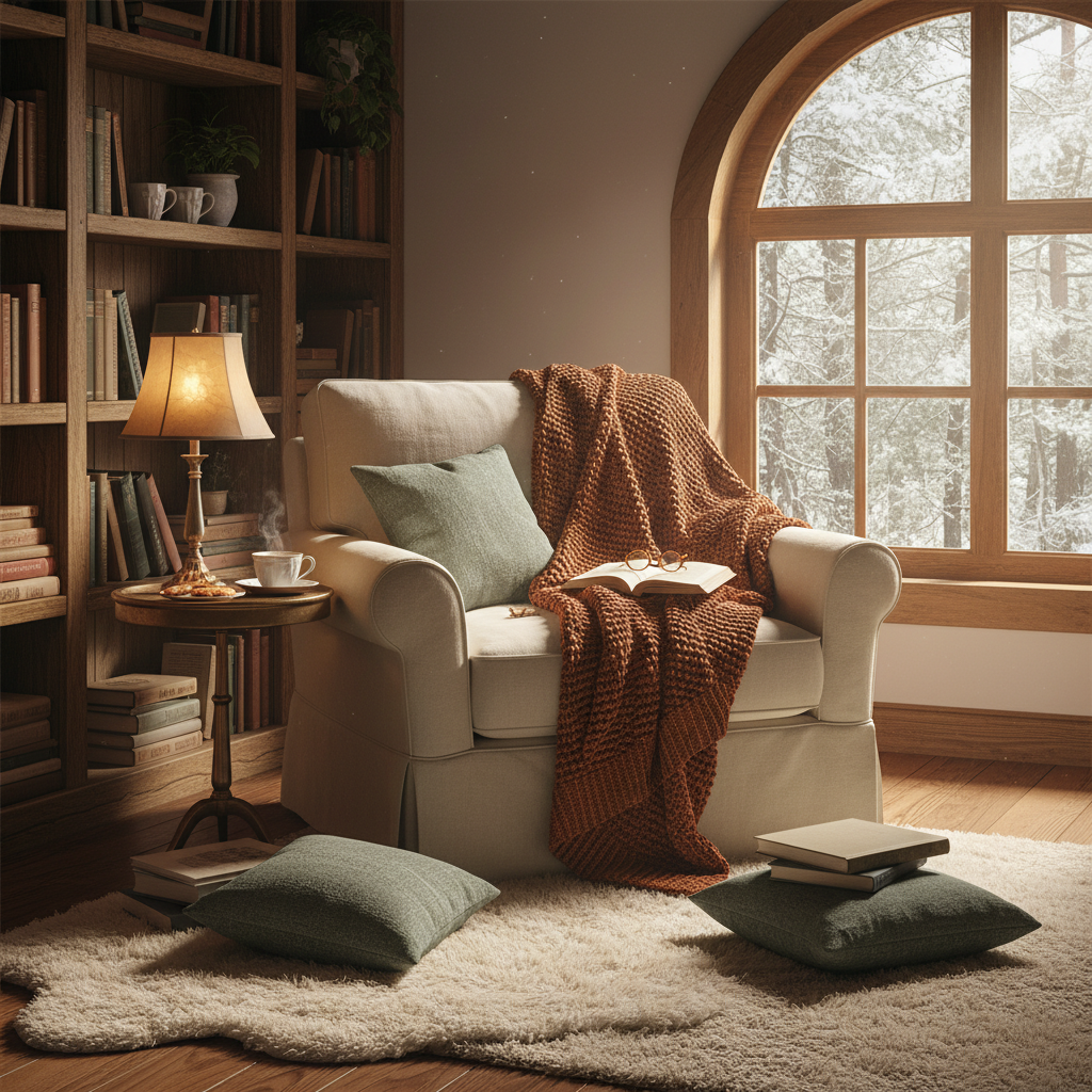 Reading nook with comfortable armchair, soft blanket, and open book