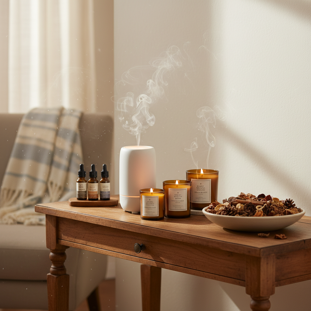 Candles, essential oil diffusers, and potpourri arranged for winter ambiance