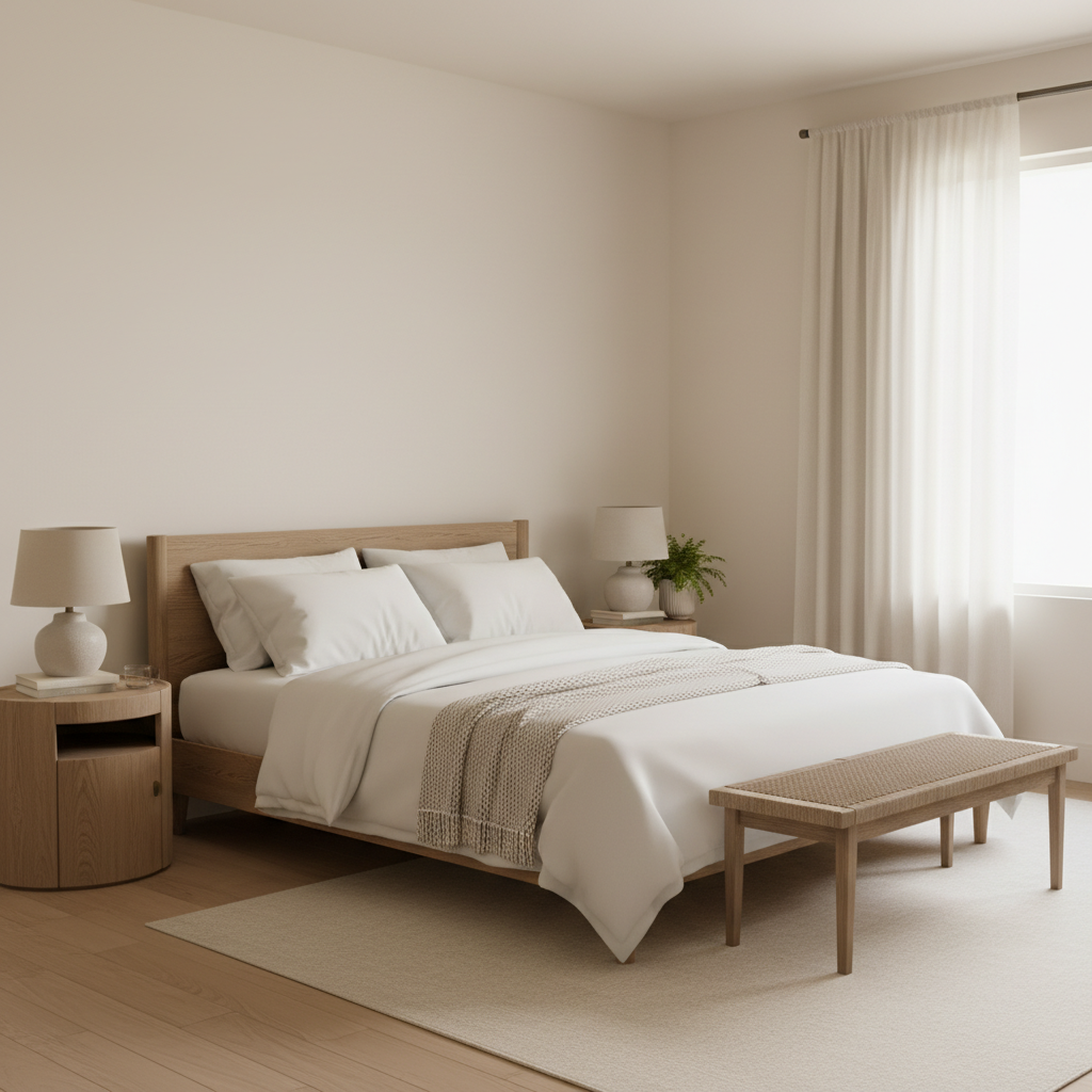 Peaceful bedroom with creamy ivory walls, white linens, warm neutral tones, and wood furniture pieces