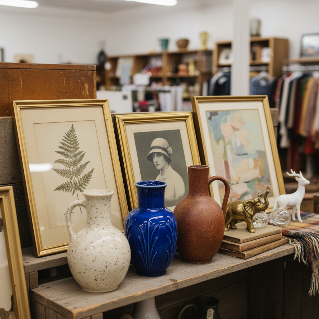 Beautiful collection of thrift store discoveries including vintage vases, artwork, and unique decorative pieces.
