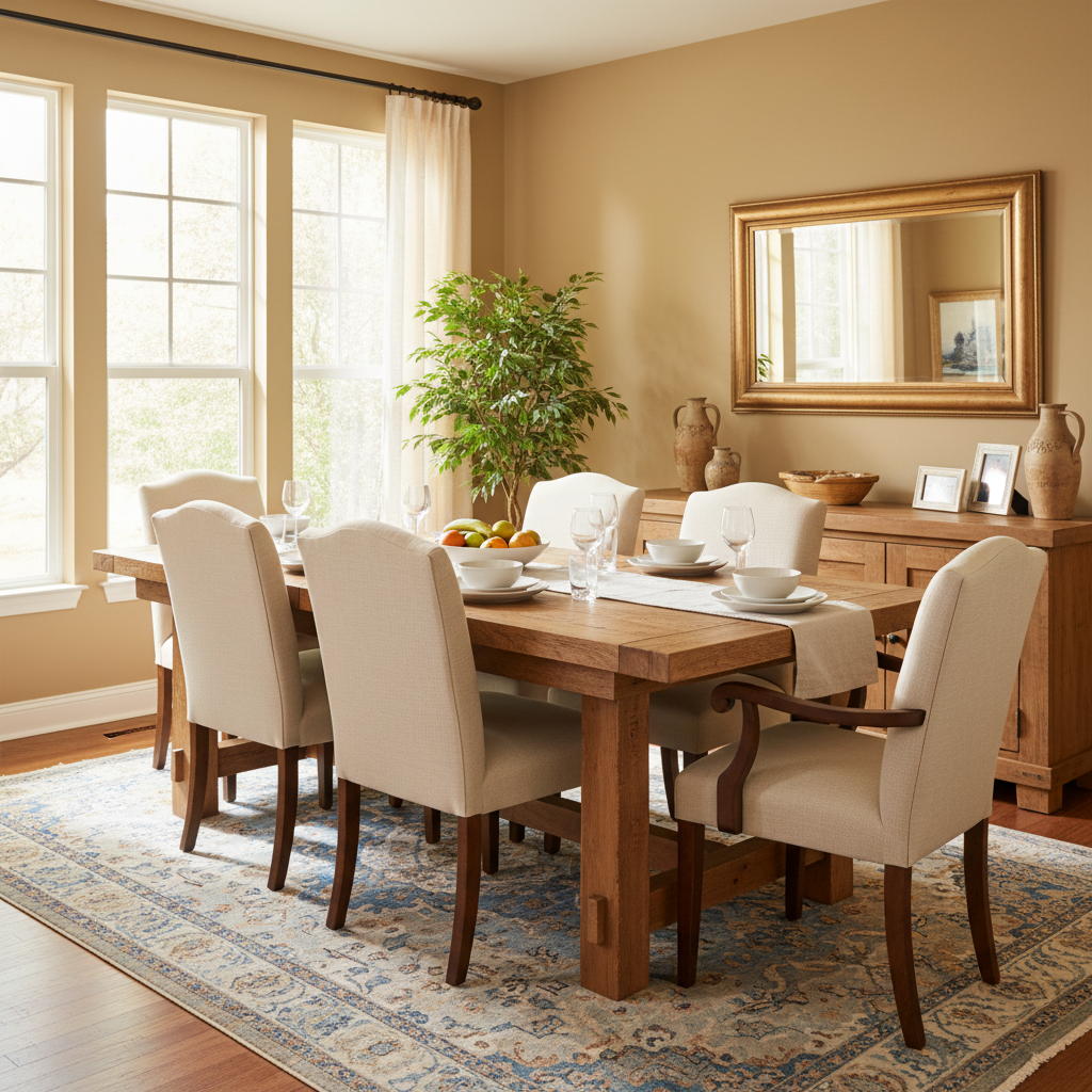 Bright dining room with honeyed wheat walls, wooden dining table, and fabric chairs