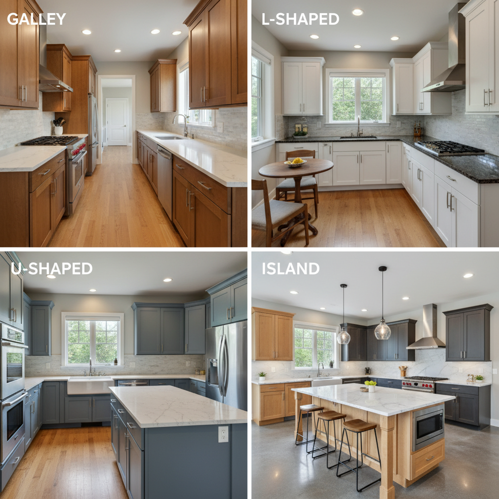 Four efficient kitchen layouts shown side by side - galley, L-shaped, U-shaped, and island