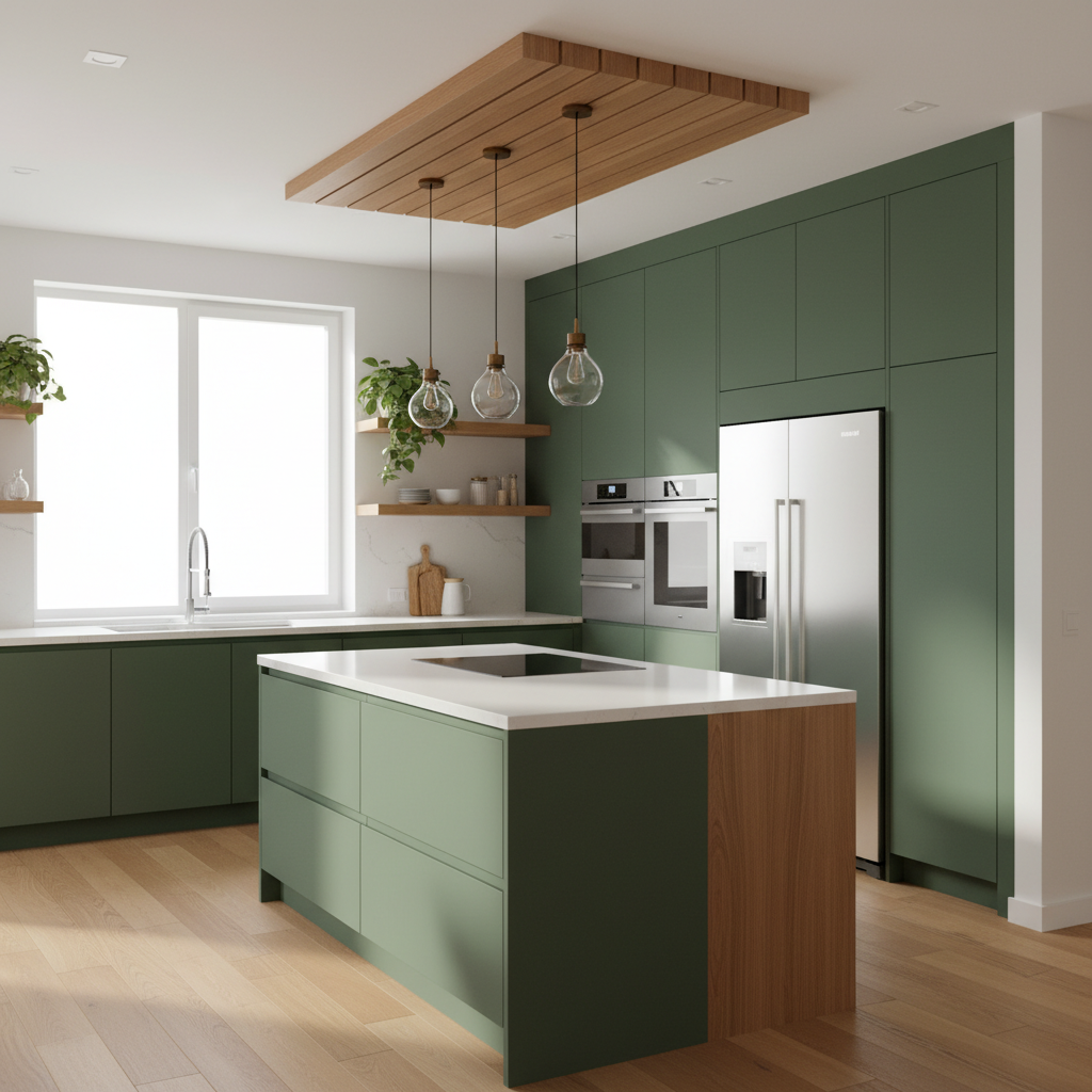 Modern kitchen featuring olive green cabinetry with white countertops and stainless appliances