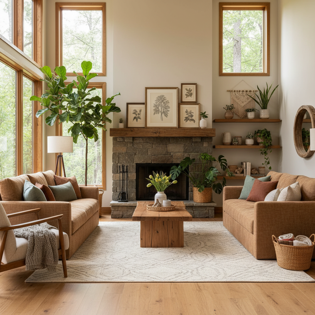 Living room featuring potted plants, wooden accents, and stone fireplace for creating cozy winter ambiance
