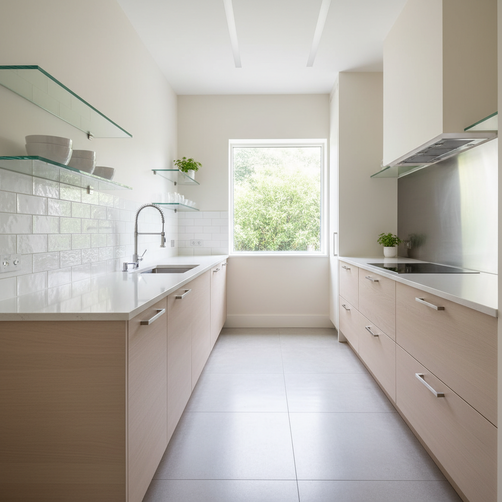 Bright galley kitchen with light cabinets and minimal uppers creating spacious feel