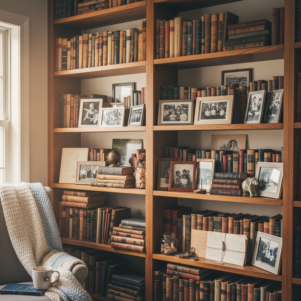 Bookshelf displaying books, family photos, and personal mementos