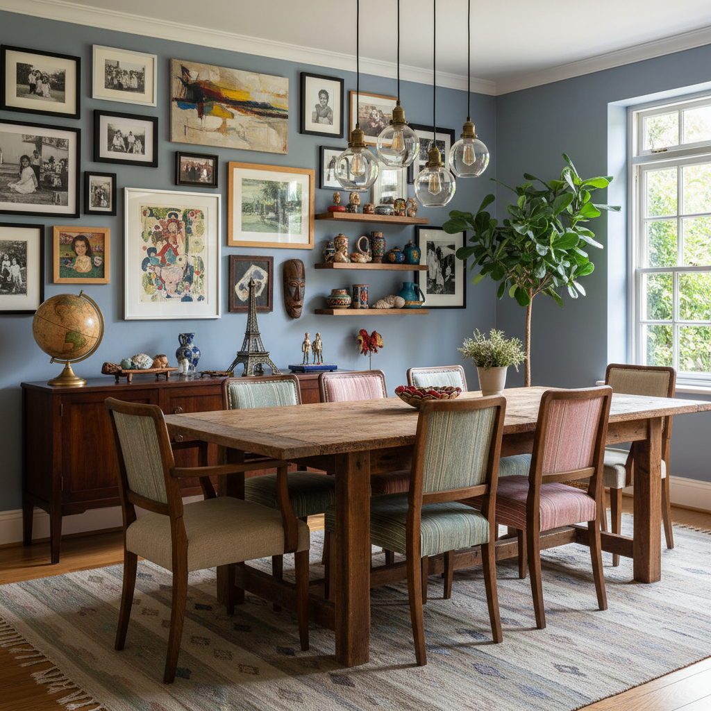 Modern dining room decorating ideas featuring gallery wall of family photos artwork and travel souvenirs