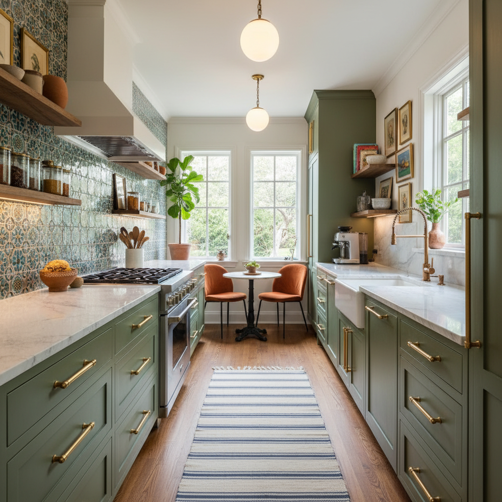 Personalized narrow kitchen featuring custom hardware and individual style elements