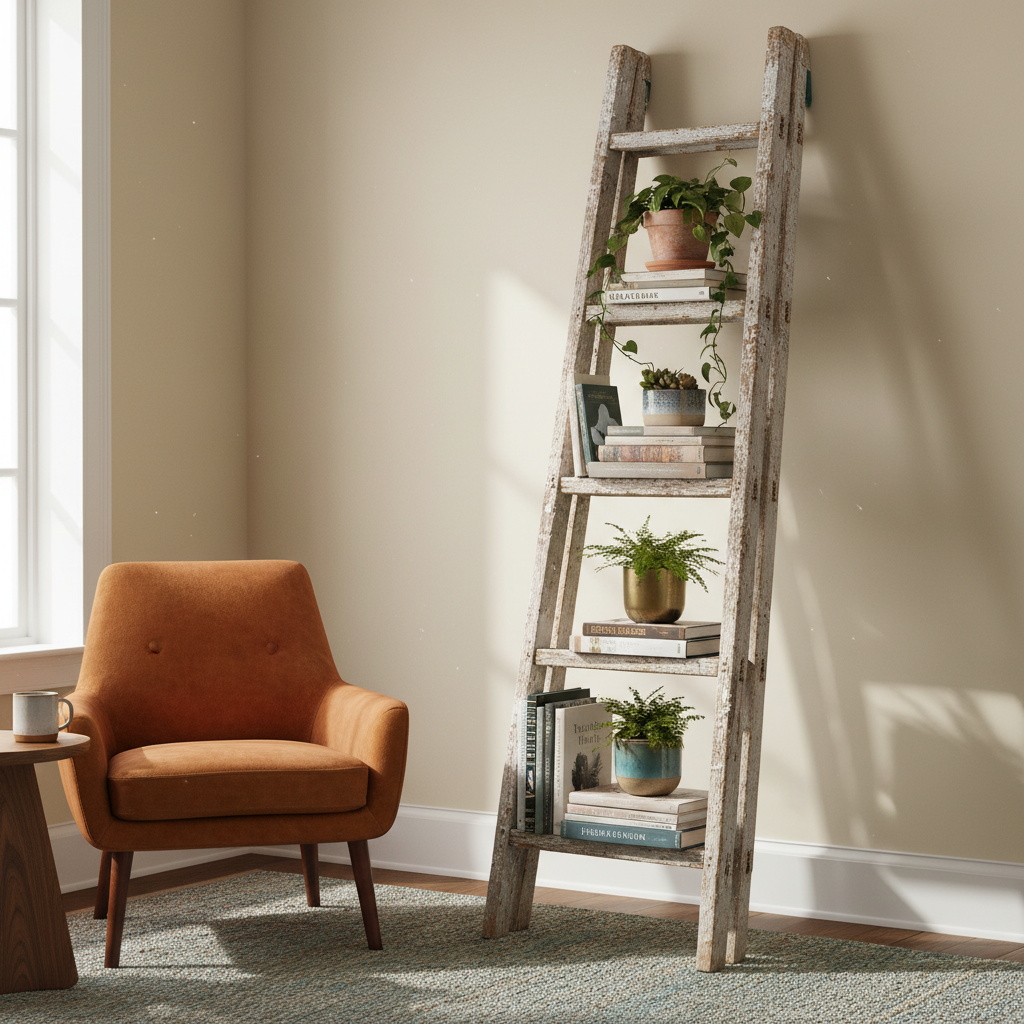 Creative wooden ladder transformed into a rustic bookshelf, displaying books and plants in an unexpected way.