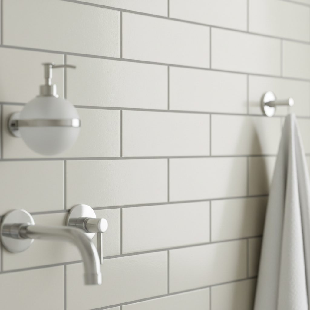 Large light subway tiles installed horizontally expanding visual width of small bathroom