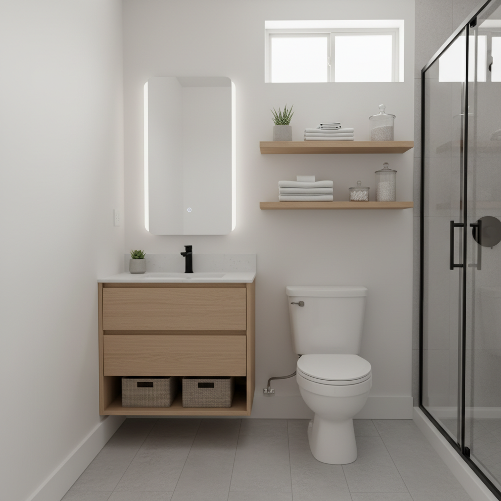 Bathroom with vertical shelving above toilet maximizing compact space storage solutions