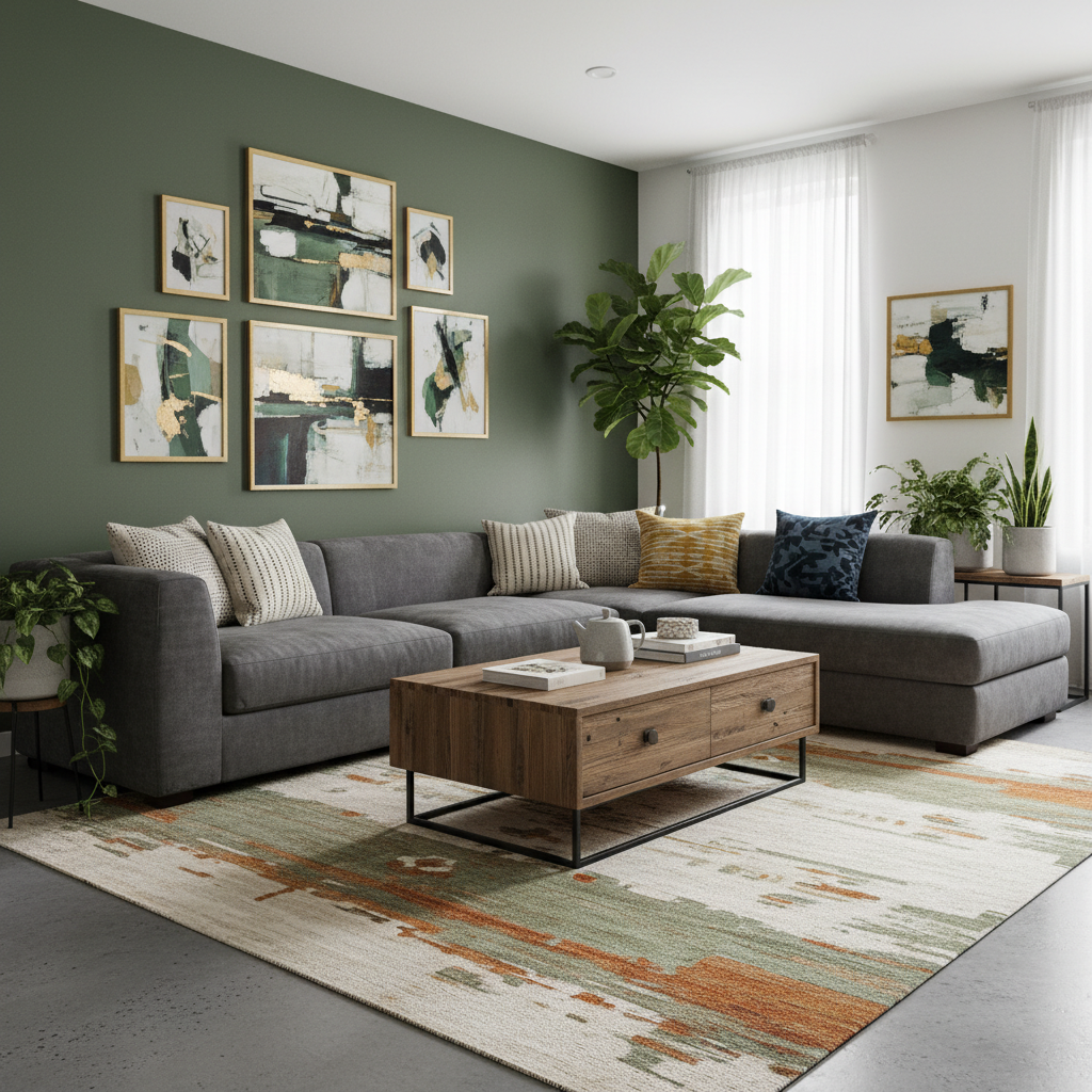 Stylish living room featuring olive green accent wall with gray sofa and natural wood accents