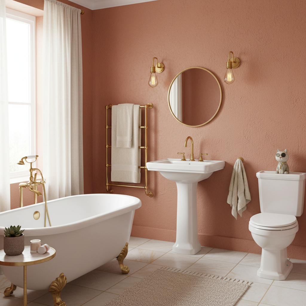 Stylish bathroom with terracotta blush walls, white fixtures, and warm brass accents