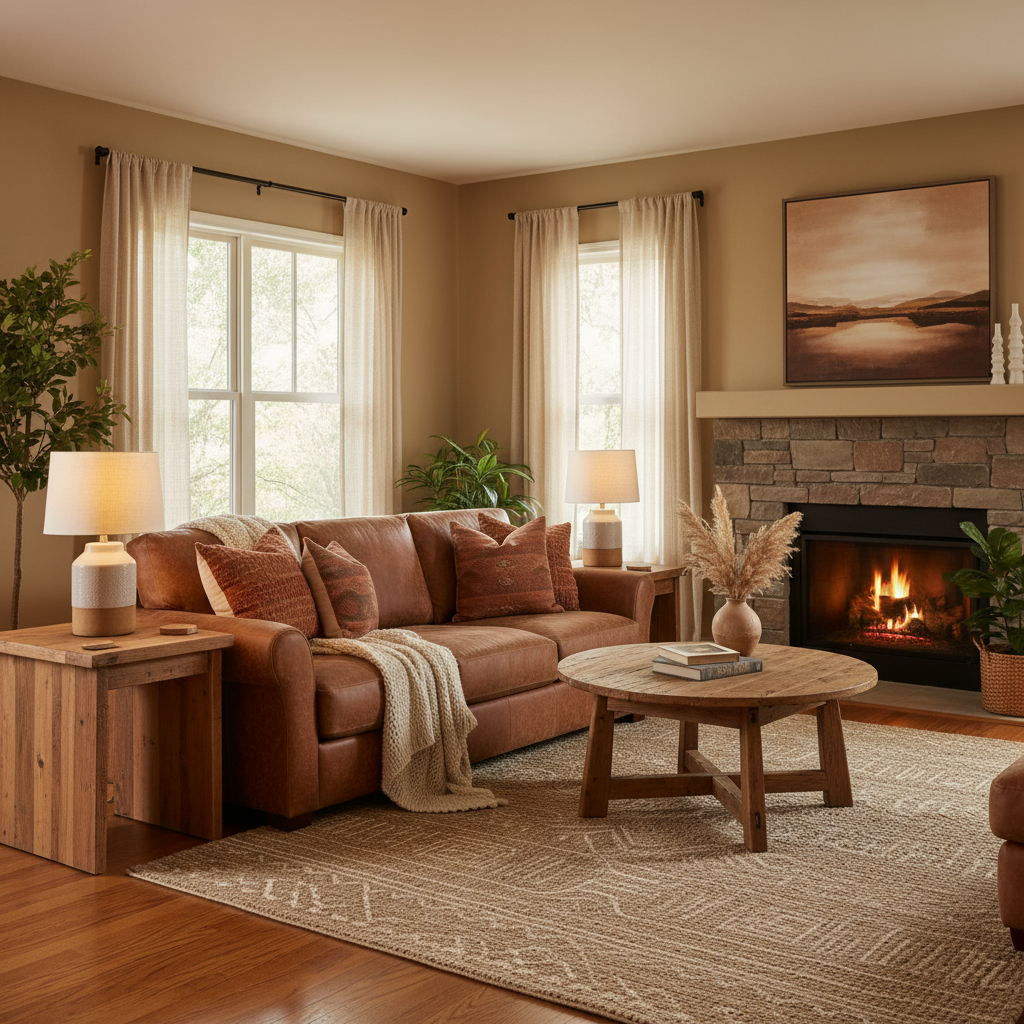 Comfortable living room featuring toasty beige walls with leather furniture and wooden accents