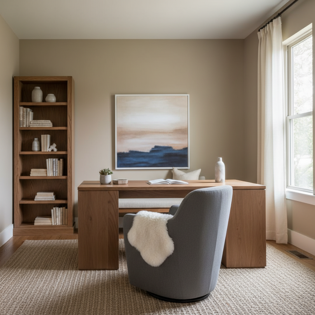 Sophisticated home office featuring warm taupe walls, hardwood desk, and upholstered chair