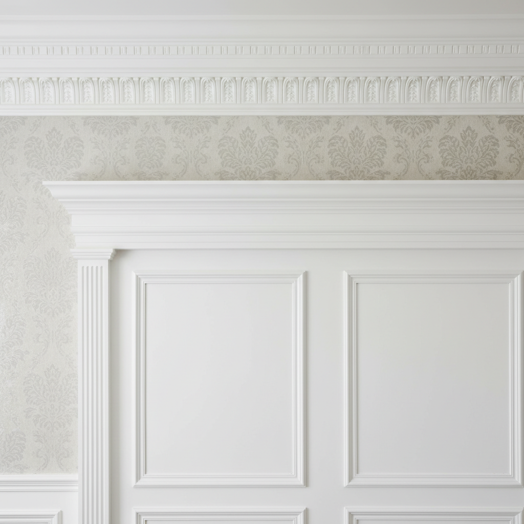 White crown molding and wainscoting detail against patterned wallpaper in dining room