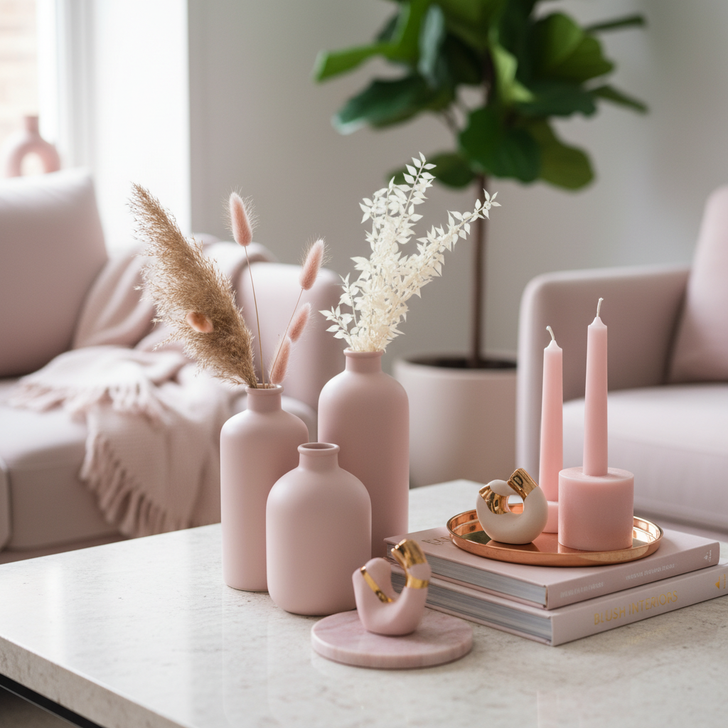 Stylish arrangement of blush pink vases, candles, and decorative items on shelf