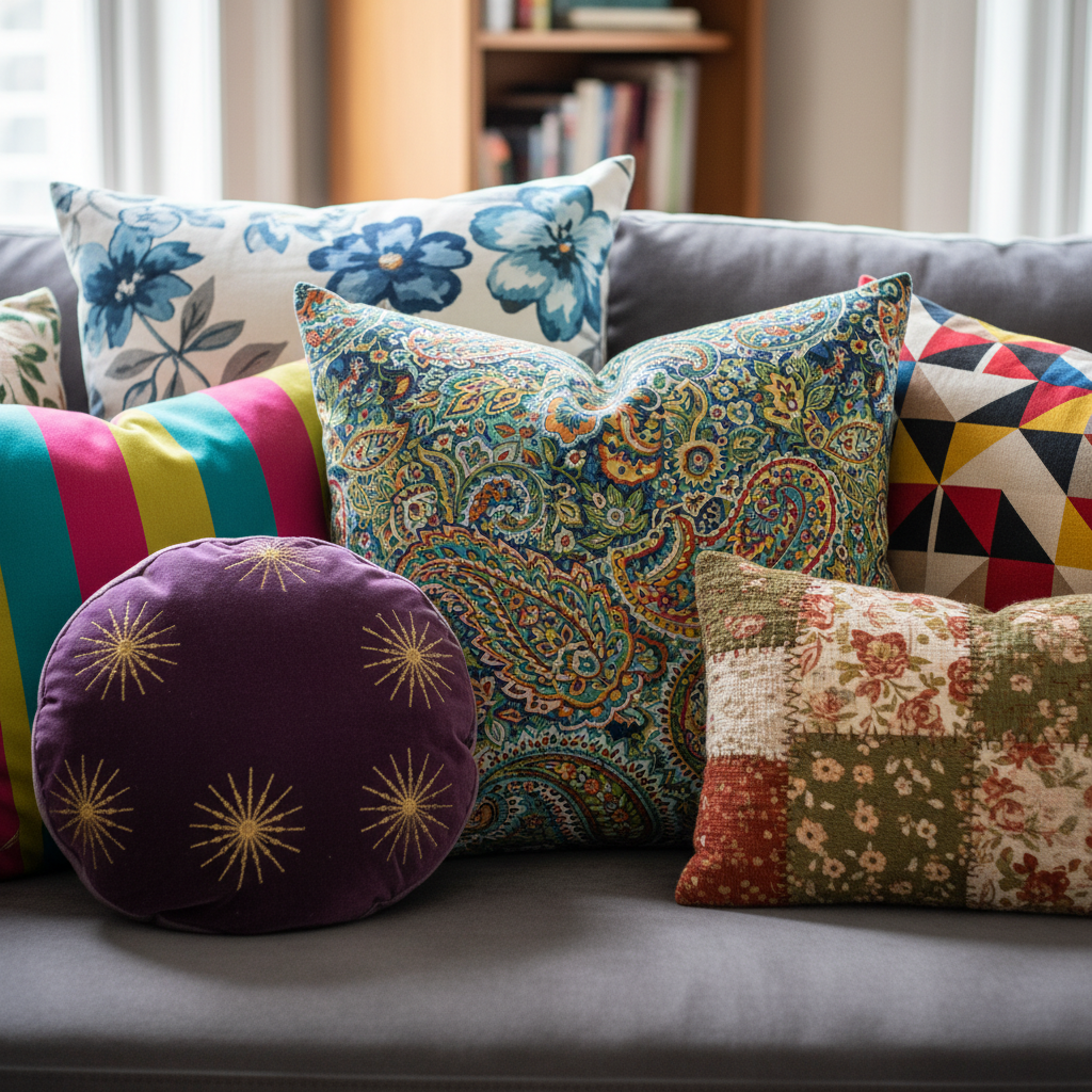 Diverse collection of patterned and textured cushions arranged on neutral sofa