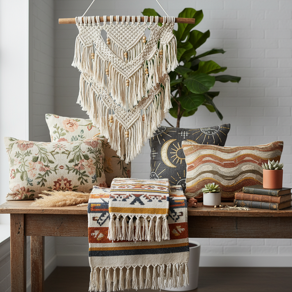 Curated selection of bohemian textiles including blankets, pillows, and wall hangings