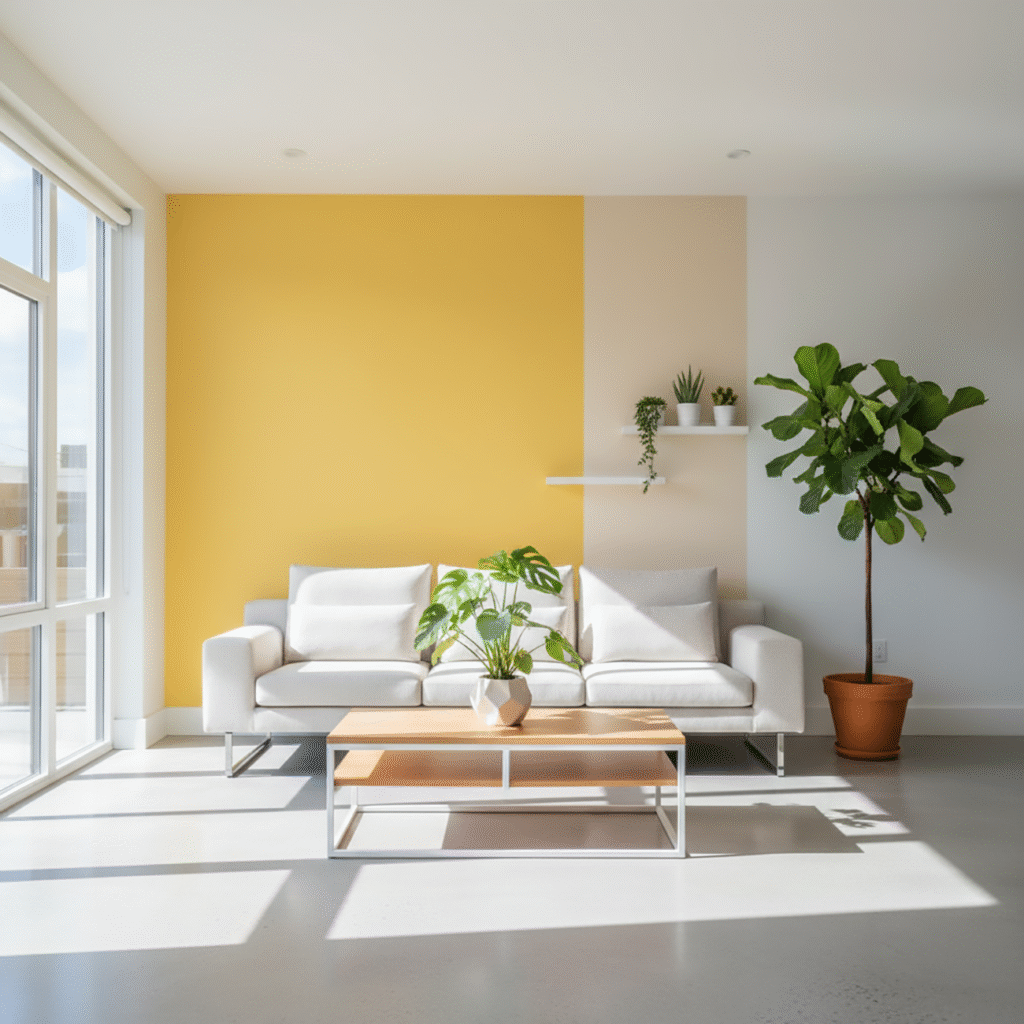 Bright living room with yellow and white DIY color block wallspainting techniques