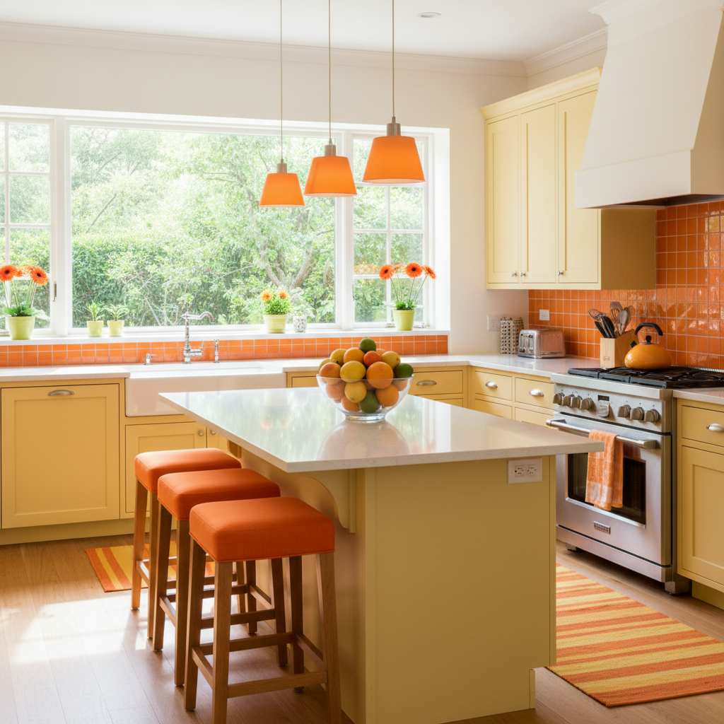 Bright kitchen with yellow cabinets, orange accents, and citrus fruits on counter