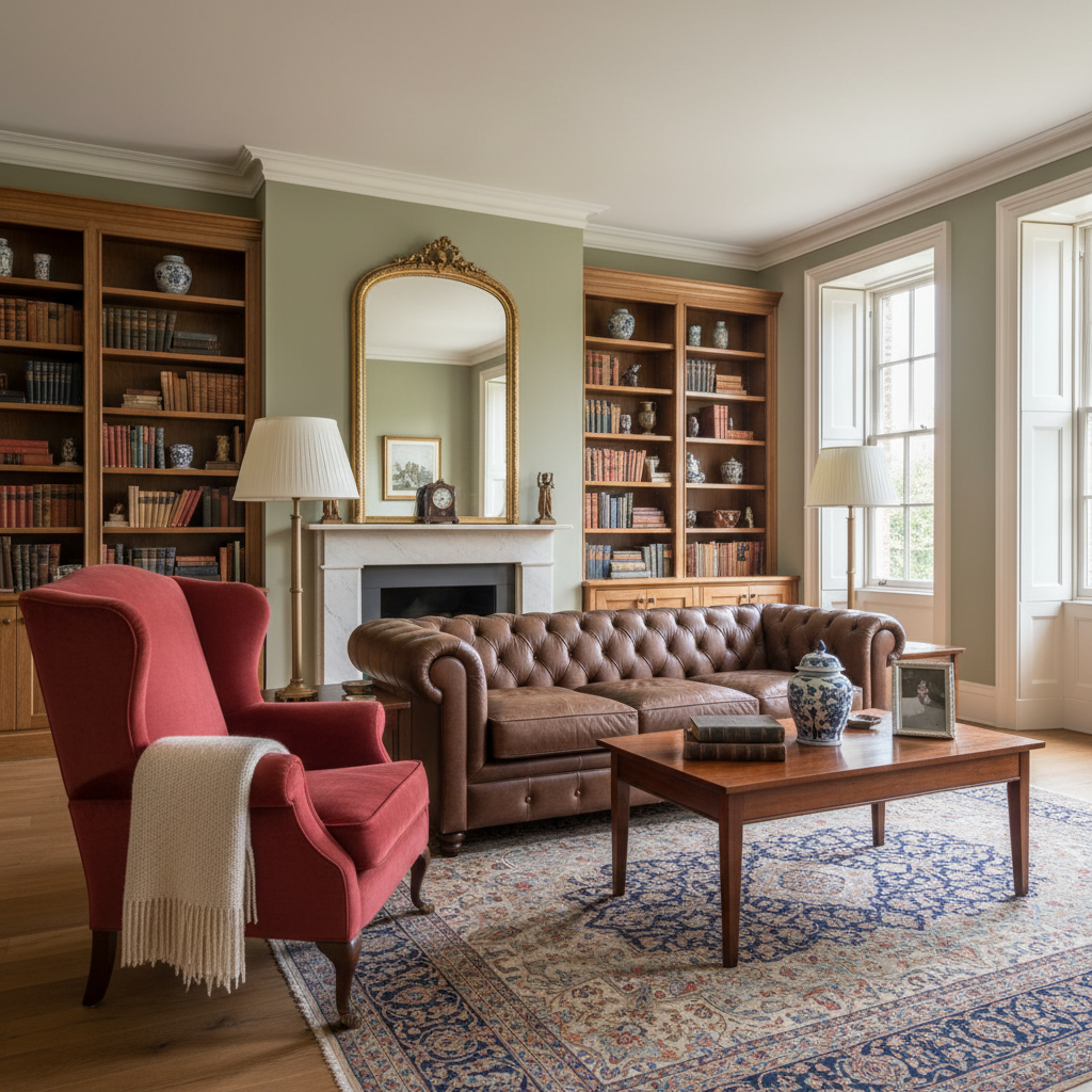 Chesterfield sofa, wingback chair, and mahogany coffee table in bright living room