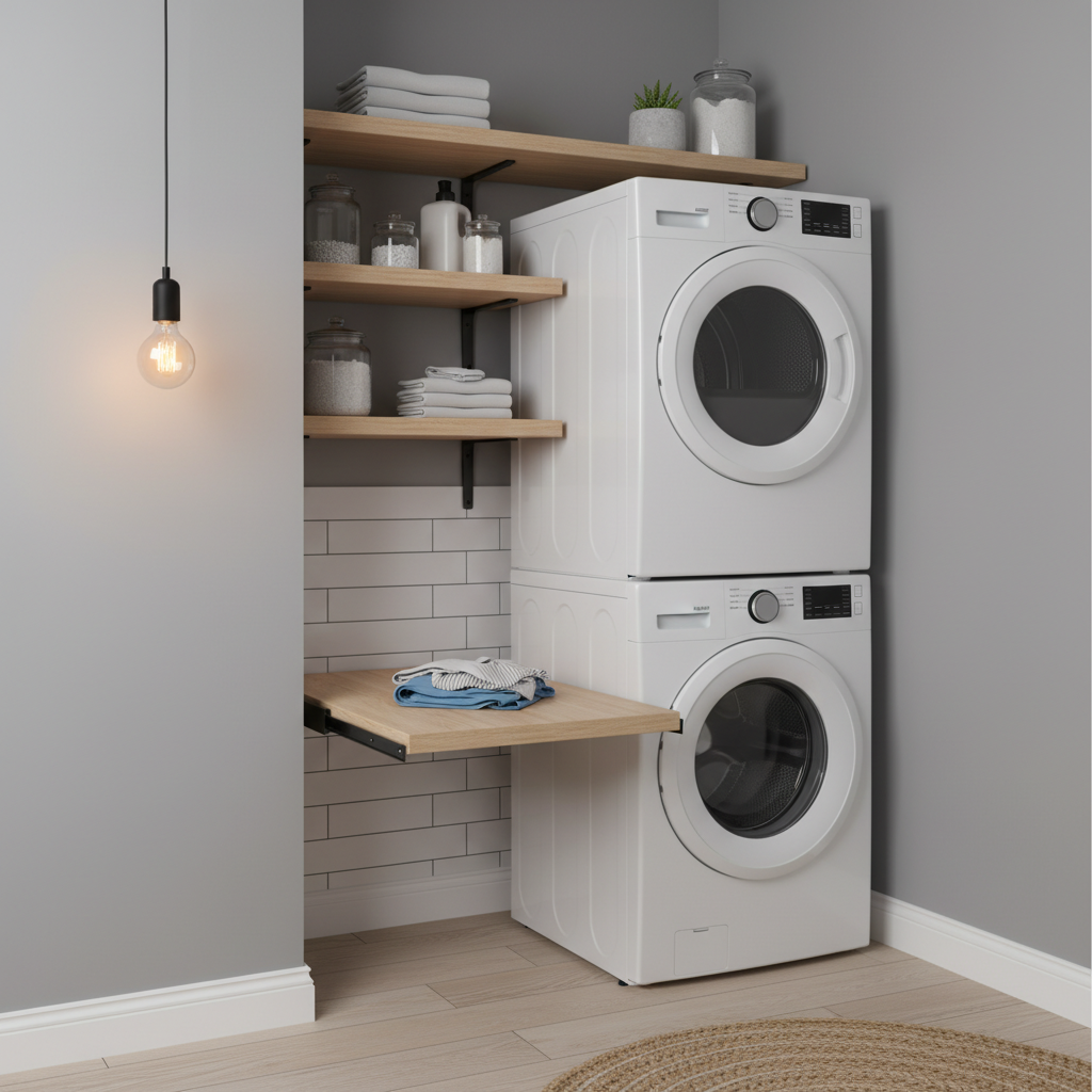 Compact laundry space maximizing small areas with stacked appliances and vertical storage