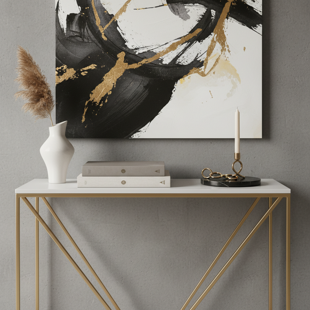 Modern console table with sleek polished gold legs and minimal decor